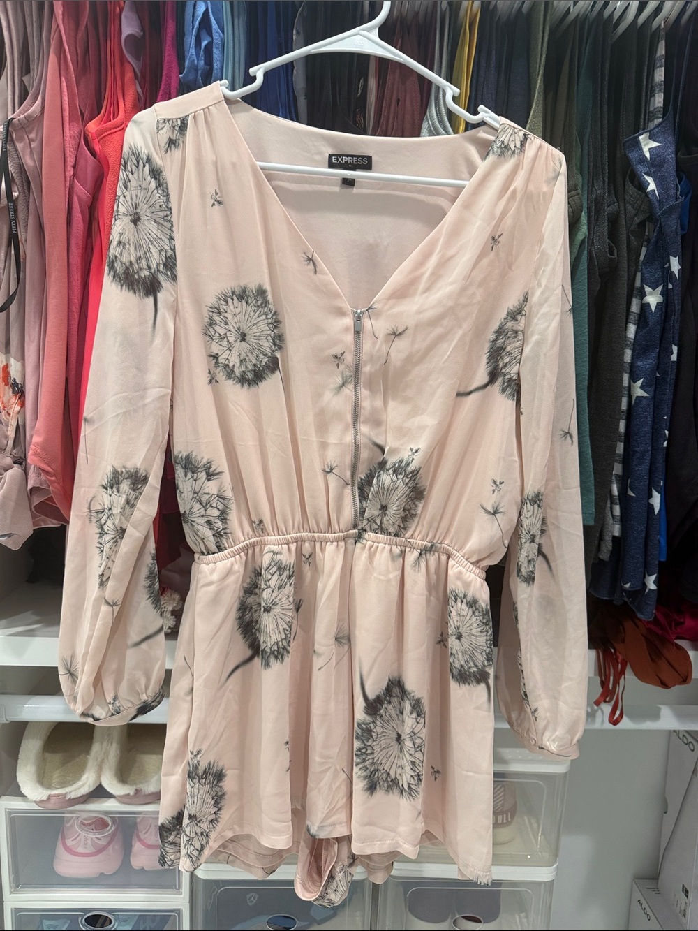 Express Blush Pink Dandelion Print Long Sleeve Dress Small
